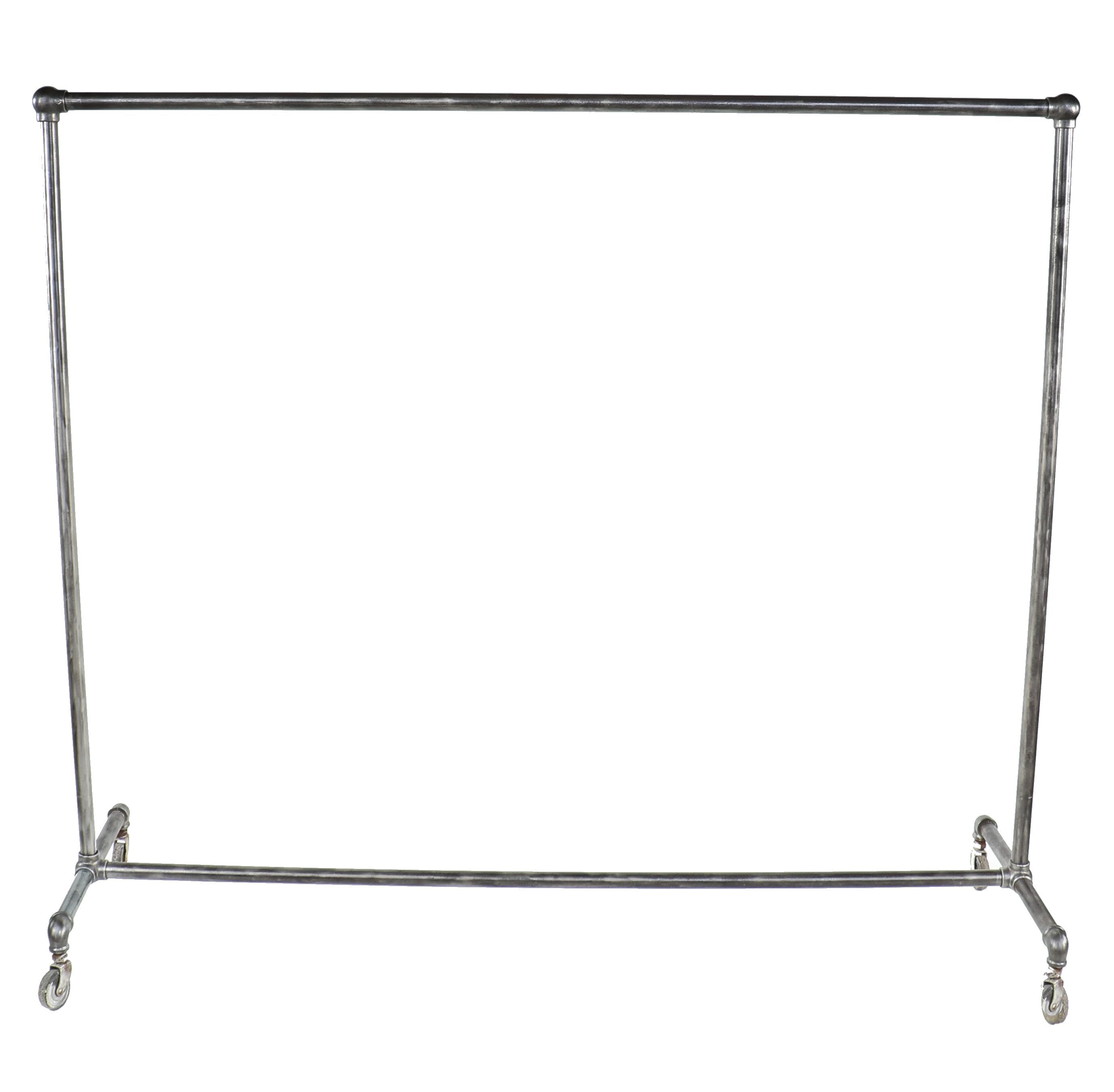 original and intact oversized depression era american industrial heavy duty mobile threaded steel pipe garment rack with bulbous fittings and bassick swivel casters