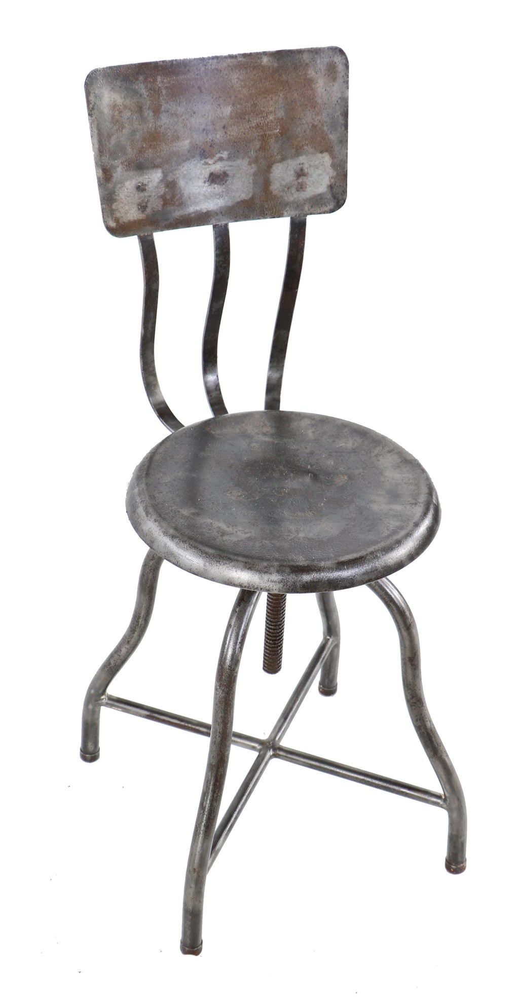 fully adjustable early 1920's antique american medical cold-rolled steel four-legged hospital operating room stool or chair with distinctive slightly contoured backrest