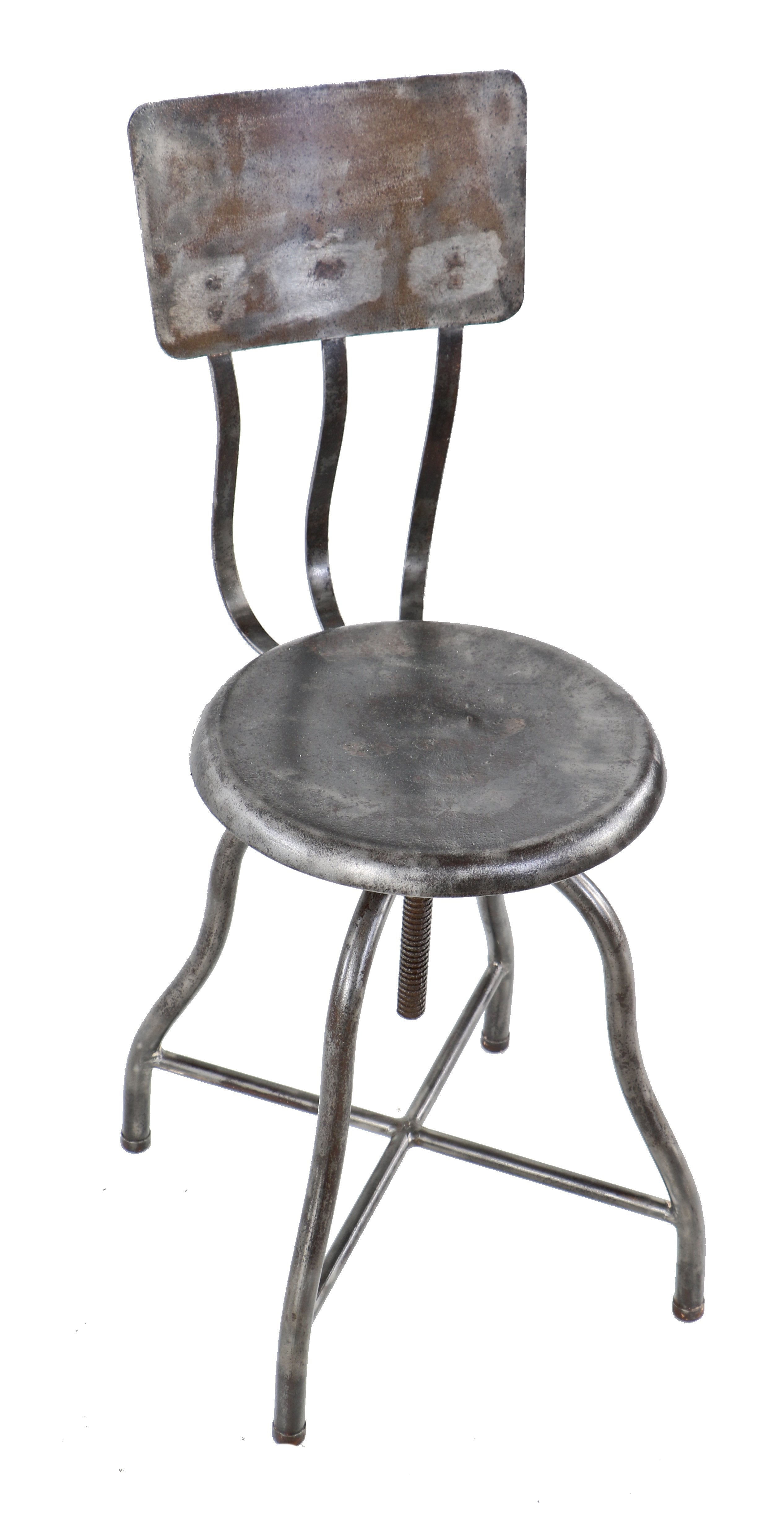 fully adjustable early 1920's antique american medical cold-rolled steel four-legged hospital operating room stool or chair with distinctive slightly contoured backrest
