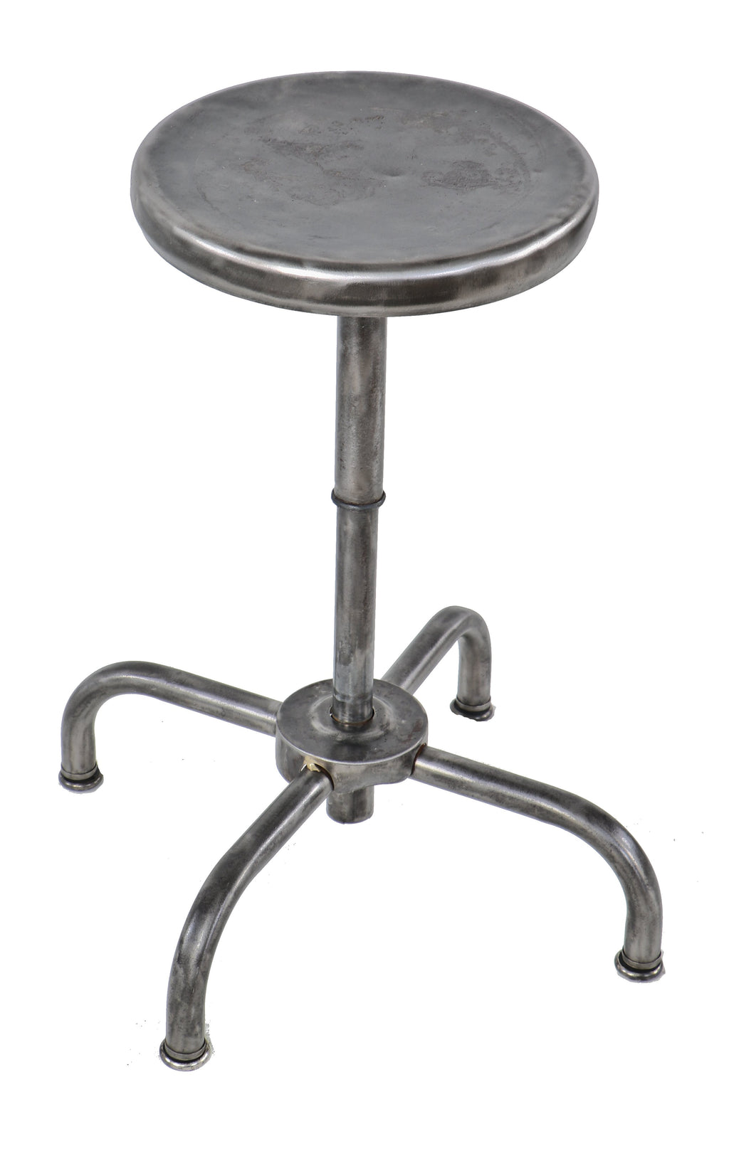 fully functional refinished c. 1940's bent tubular steel "adjustrite" four-legged telescoping laboratory stool with a uniform brushed and sanded bare metal finish