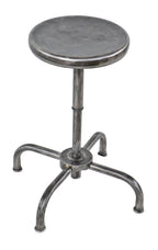 fully functional refinished c. 1940's bent tubular steel "adjustrite" four-legged telescoping laboratory stool with a uniform brushed and sanded bare metal finish