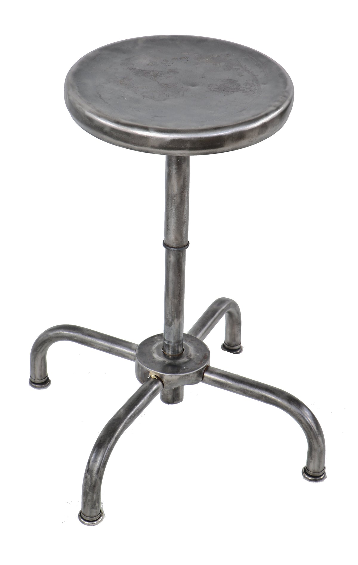 fully functional refinished c. 1940's bent tubular steel "adjustrite" four-legged telescoping laboratory stool with a uniform brushed and sanded bare metal finish