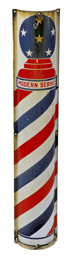 original c. 1930's american depression era single-sided  wall-mount exterior polychromatic vitreous enameled "modern service" barber pole trade sign from the south side of chicago