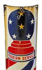 original c. 1930's american depression era single-sided  wall-mount exterior polychromatic vitreous enameled "modern service" barber pole trade sign from the south side of chicago