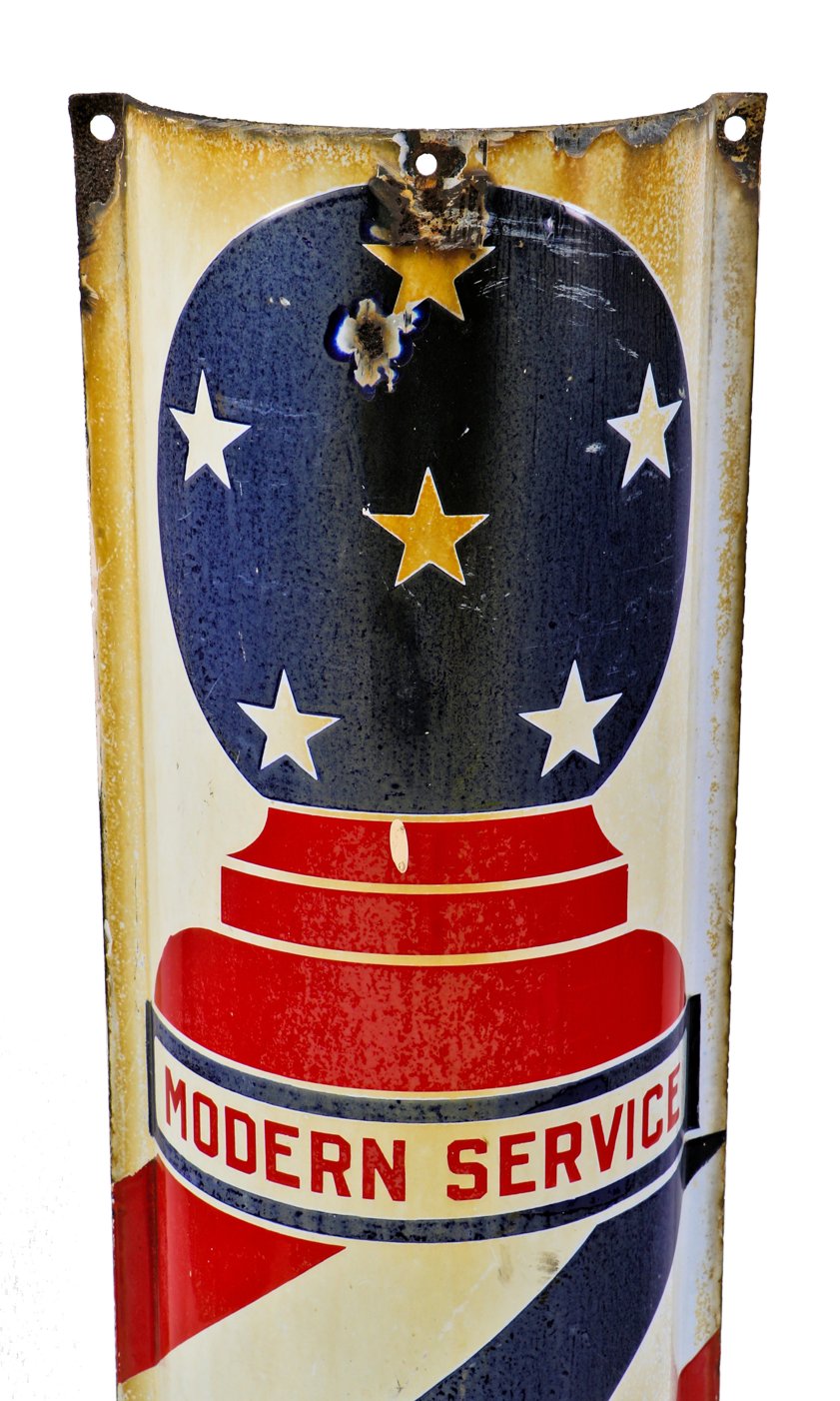 original c. 1930's american depression era single-sided  wall-mount exterior polychromatic vitreous enameled "modern service" barber pole trade sign from the south side of chicago