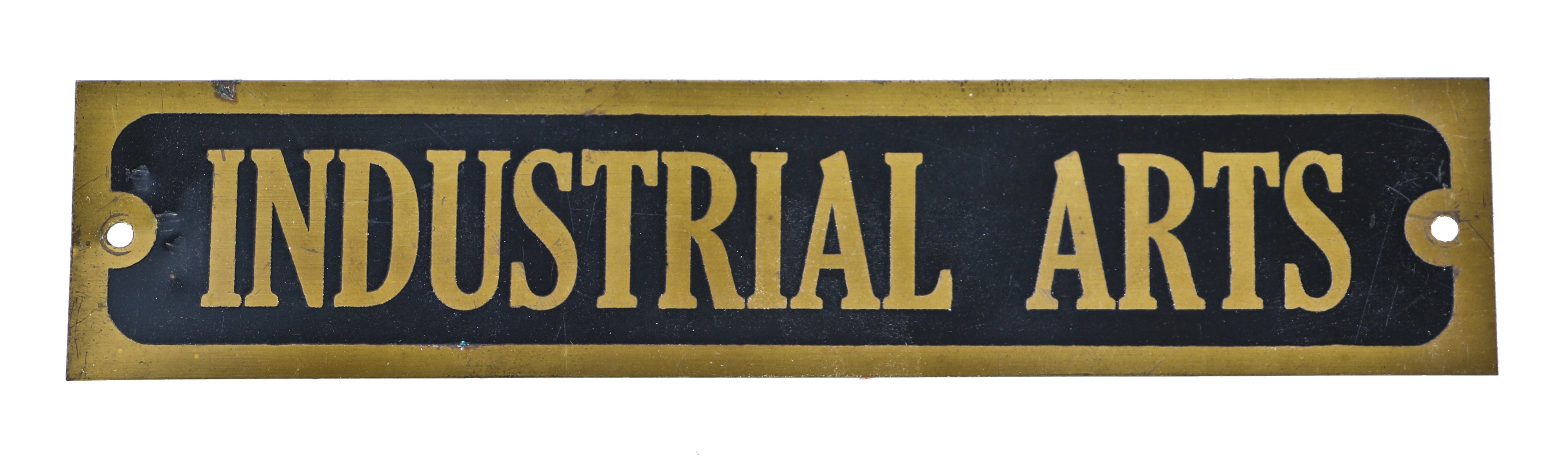 unique c. 1920's american antique industrial single-sided baked black enameled and brass rectangular-shaped "industrial arts" chicago public school shop class door sign