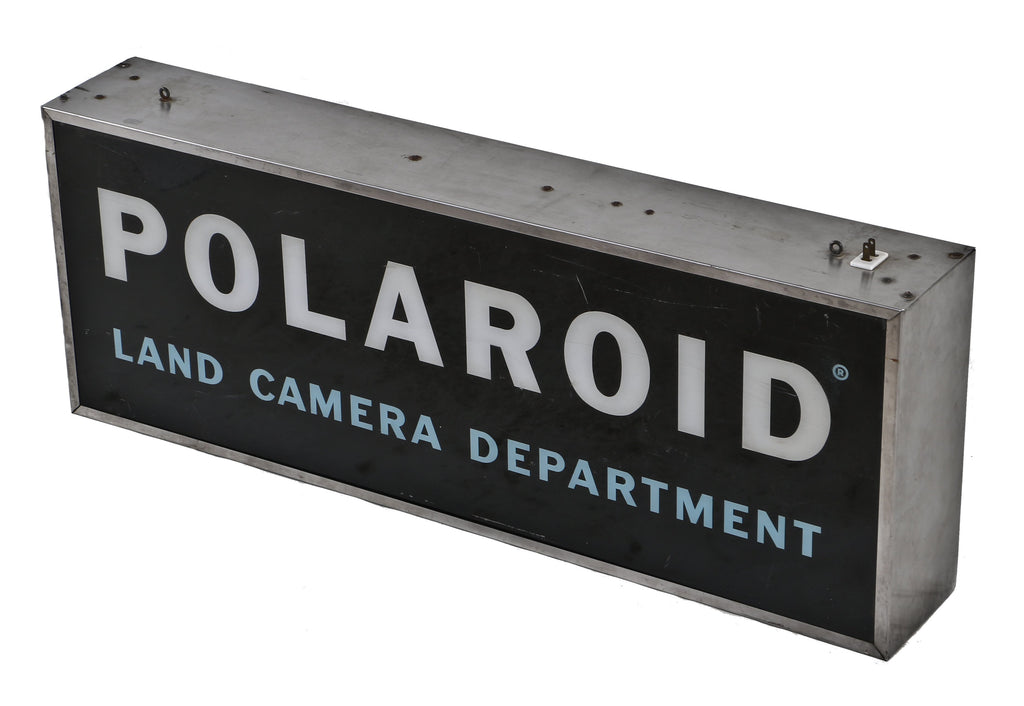 original and completely intact late 1960's all original double-sided illuminated poloroid "land camera department" interior photography store hanging advertising sign