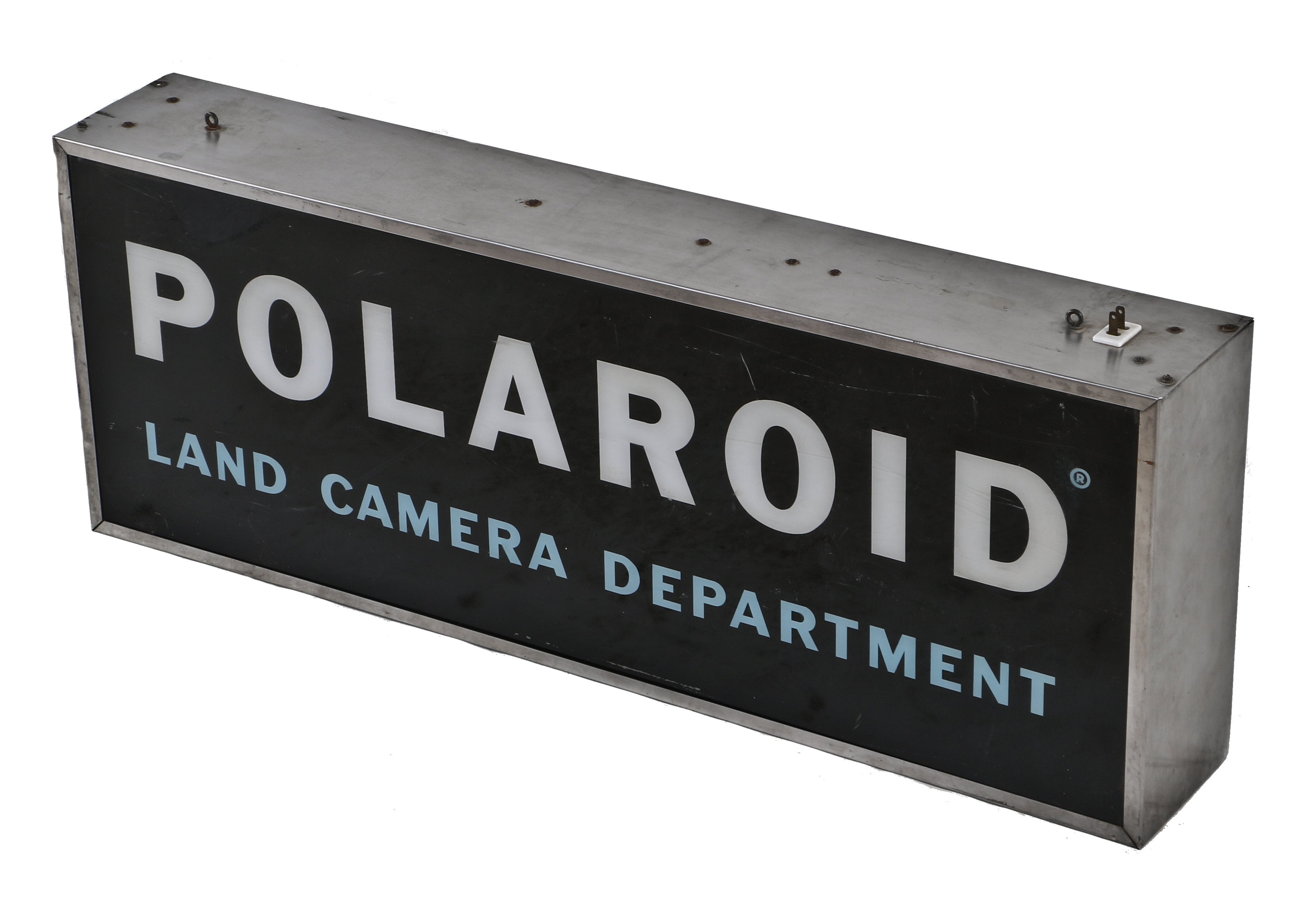 original and completely intact late 1960's all original double-sided illuminated poloroid "land camera department" interior photography store hanging advertising sign