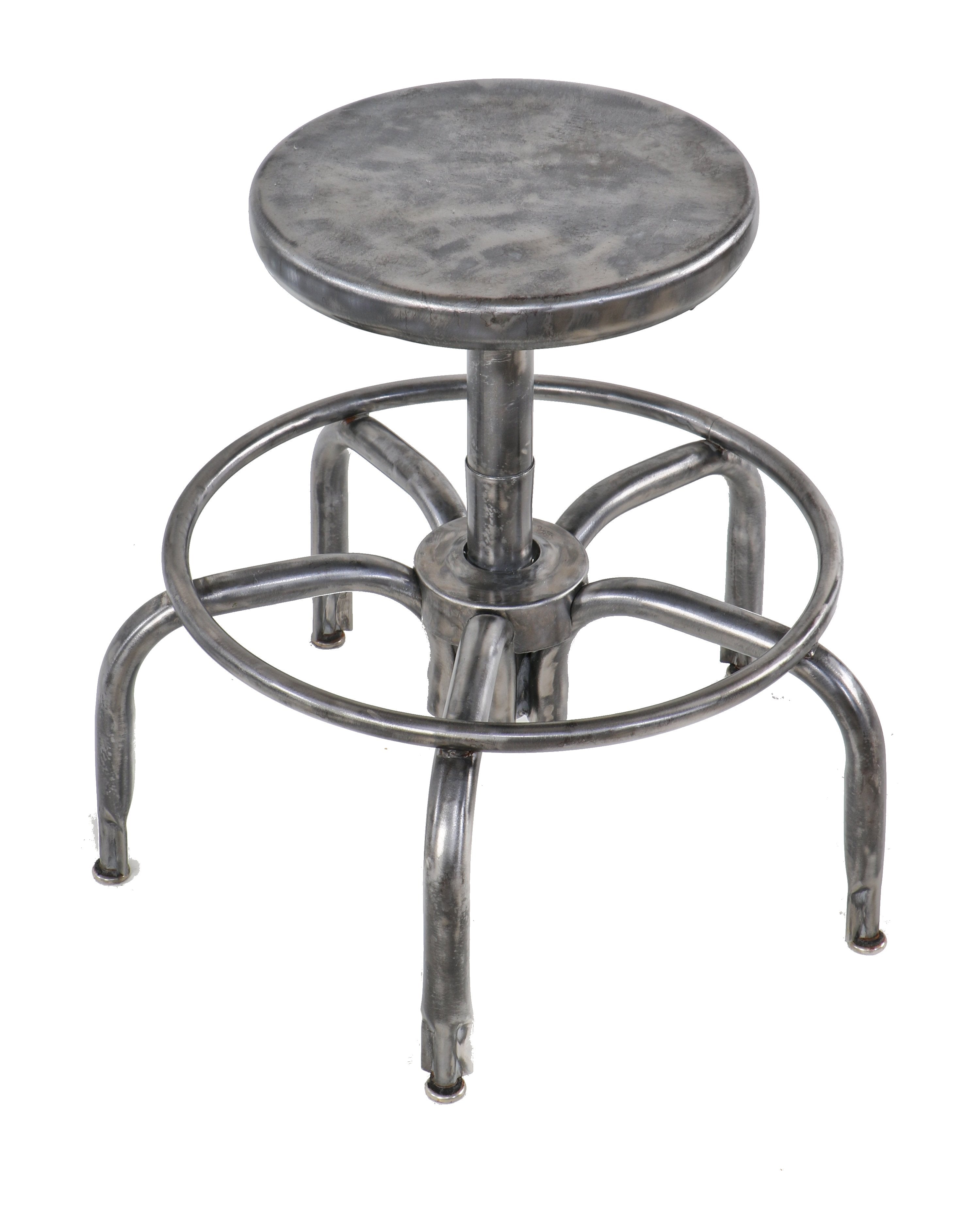 very unusual original c. 1940's vintage american industrial refinished five-legged bent tubular steel adjustable height factory machine shop stool with welded joint heel ring