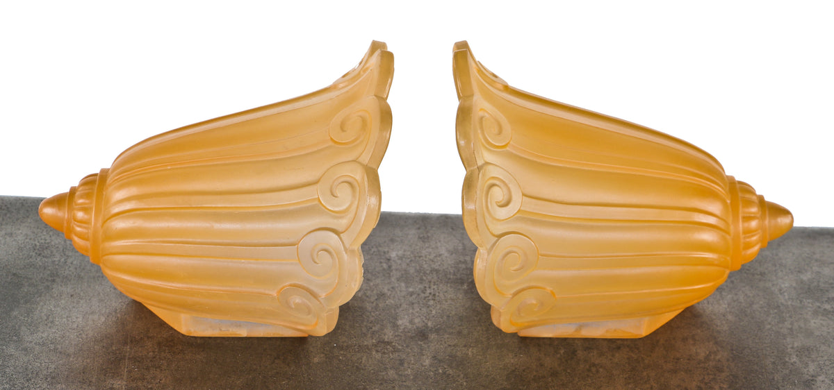two matching original and intact american art deco style "fleur-de-lis" pattern pressed ornamental art deco style c. 1930's two tone ceiling fixture slip shades