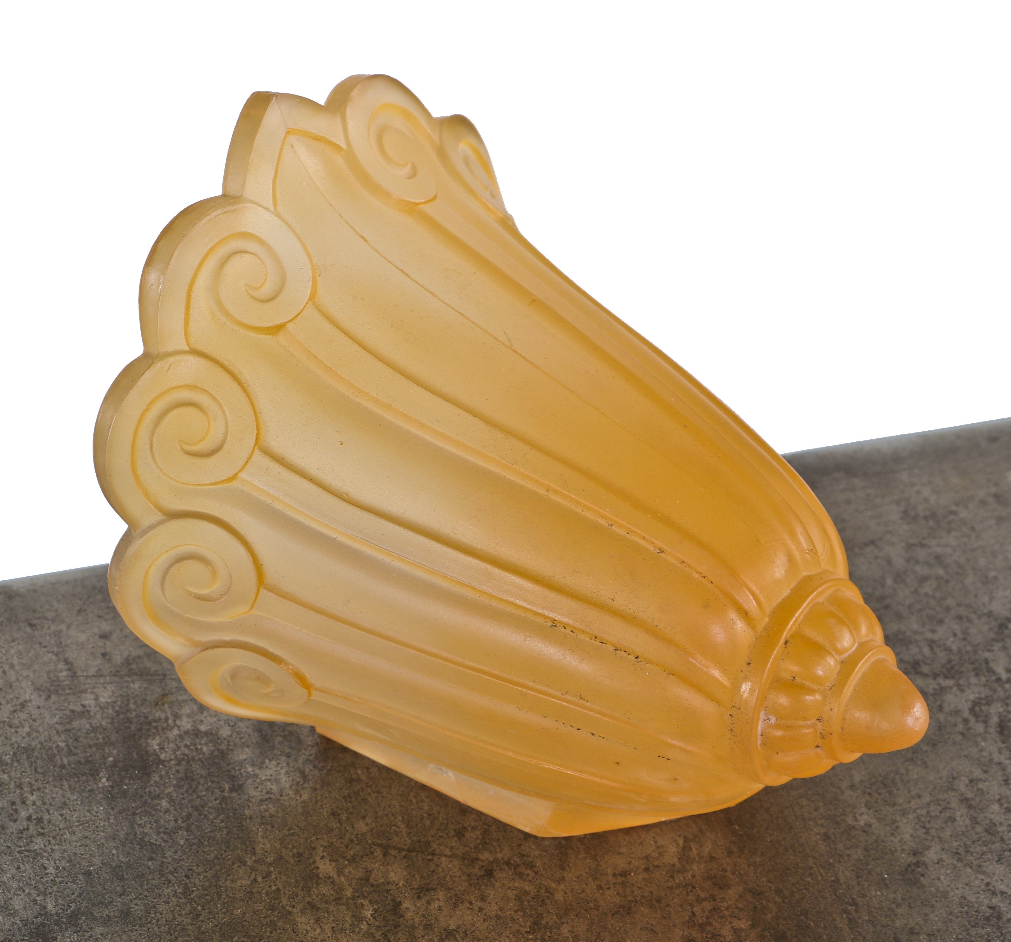 c. 1930's american depression era art deco style two-tone residential pressed ornamental glass ceiling fixture replacement slip shade with volutes