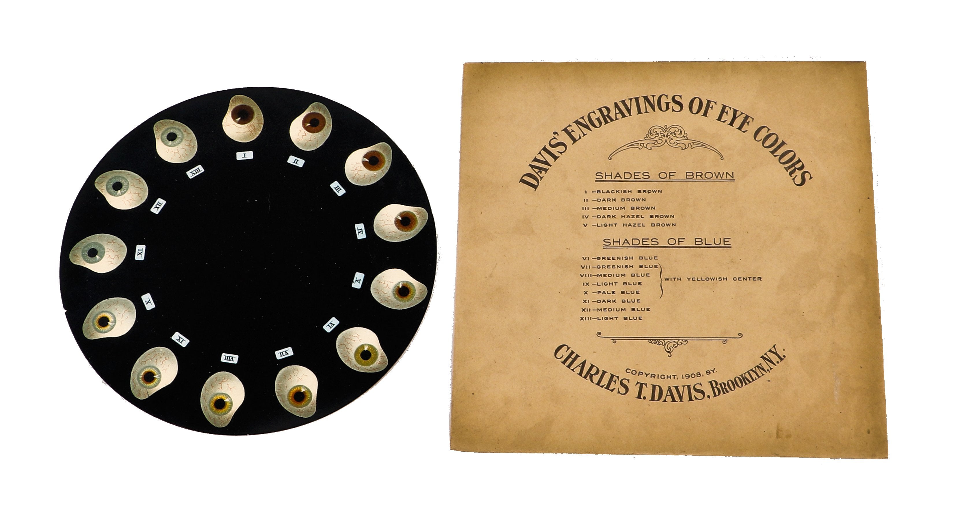 all original early 20th century very unique antique american medical optometrist's practitioner-patient die cut eye color chart or wheel with matching sleeve