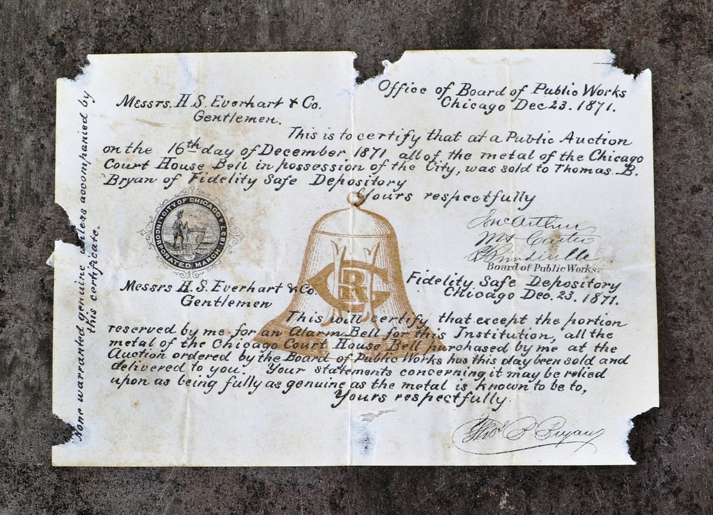 original chicago fire artifact c. 1871 certificate from the chicago board of public works announcing the sale of the court house bell