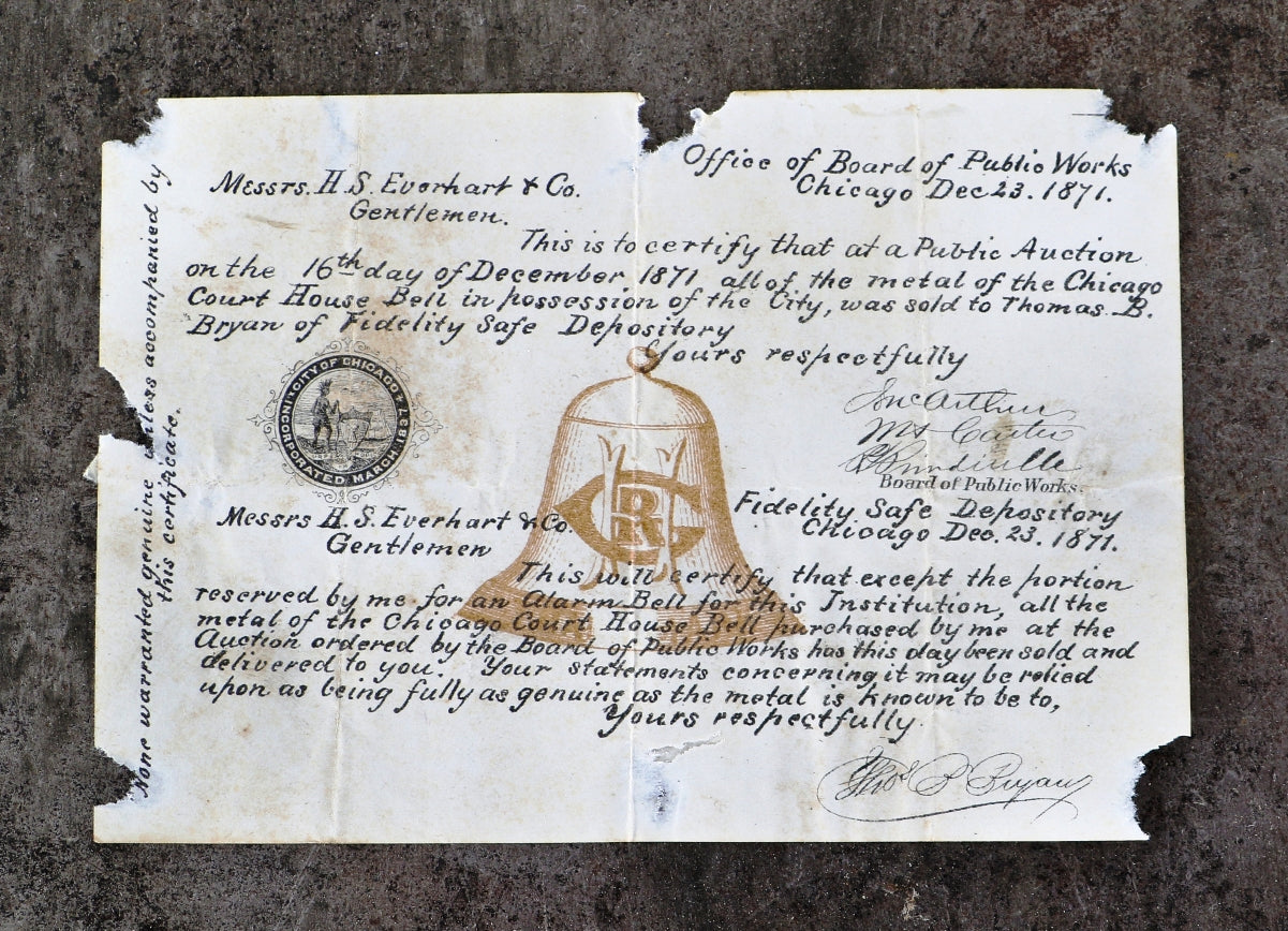 original chicago fire artifact c. 1871 certificate from the chicago board of public works announcing the sale of the court house bell