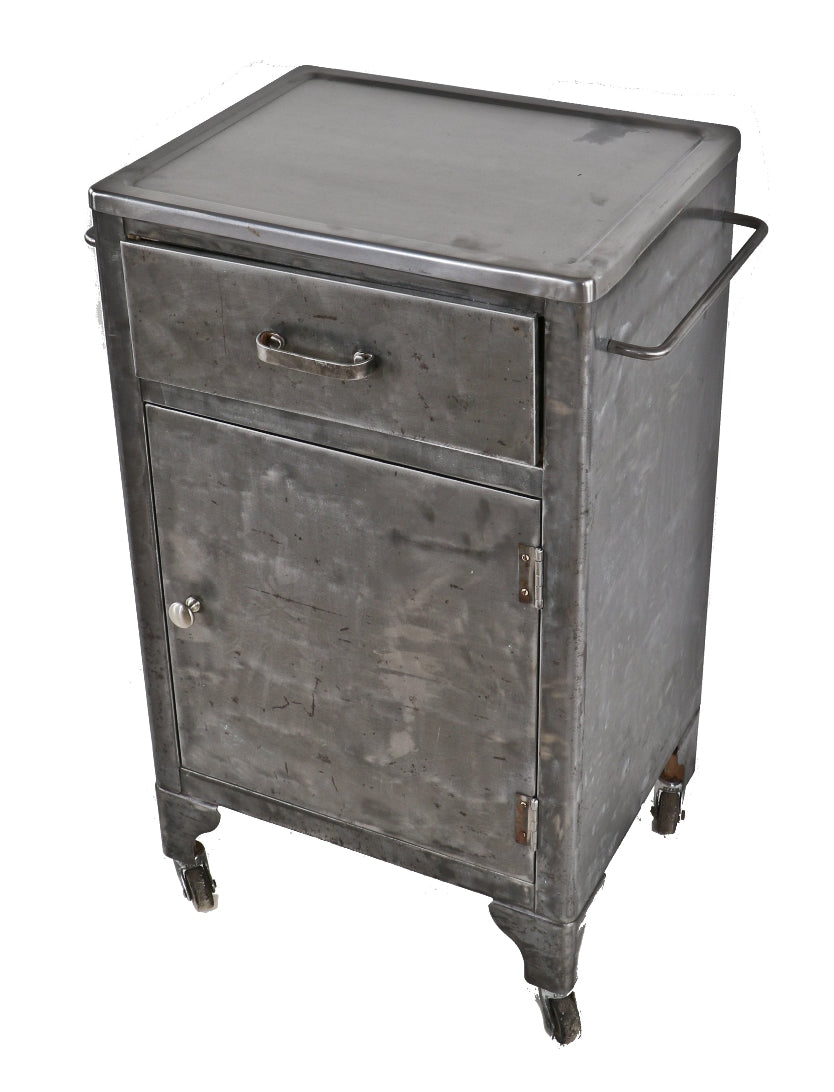 refinished late 1930's antique american medical mobile heavy gauge steel hospital supply cabinet with single drawer and fully functional bassick swivel casters