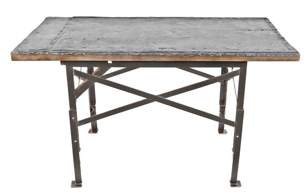 refinished heavily reinforced early 1930's antique american industrial factory machine shop riveted and welded joint workbench with hammered galvanized steel top