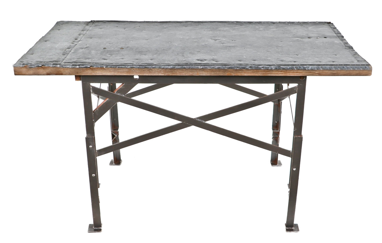 refinished heavily reinforced early 1930's antique american industrial factory machine shop riveted and welded joint workbench with hammered galvanized steel top