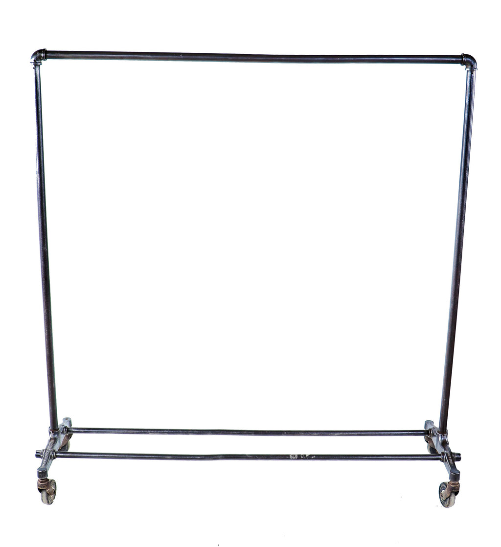 original c. 1930's american depression era antique american levine & solomon-designed mobile chicago department store utilitarian tubular steel garment rack with oversized casters