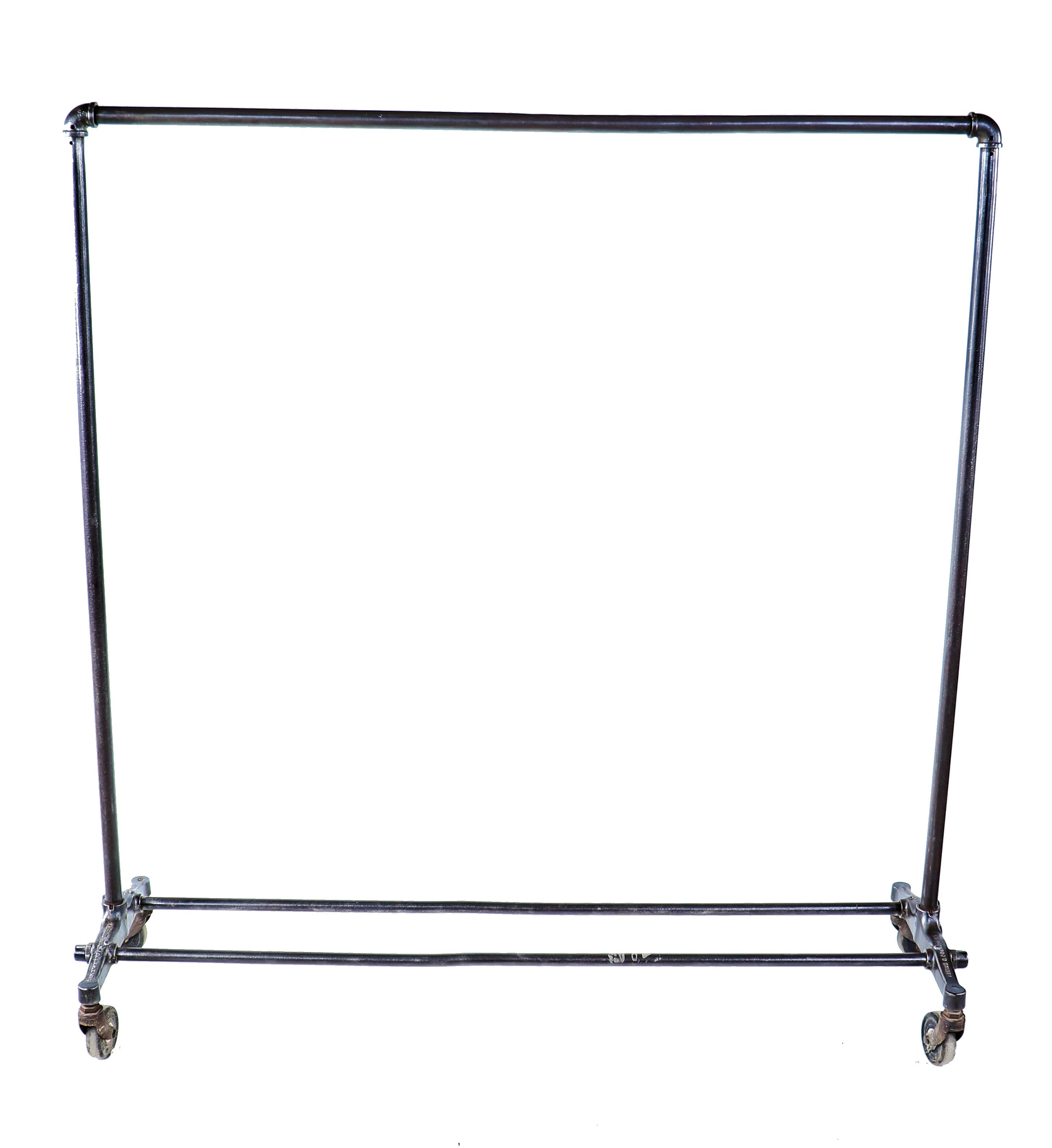 original c. 1930's american depression era antique american levine & solomon-designed mobile chicago department store utilitarian tubular steel garment rack with oversized casters