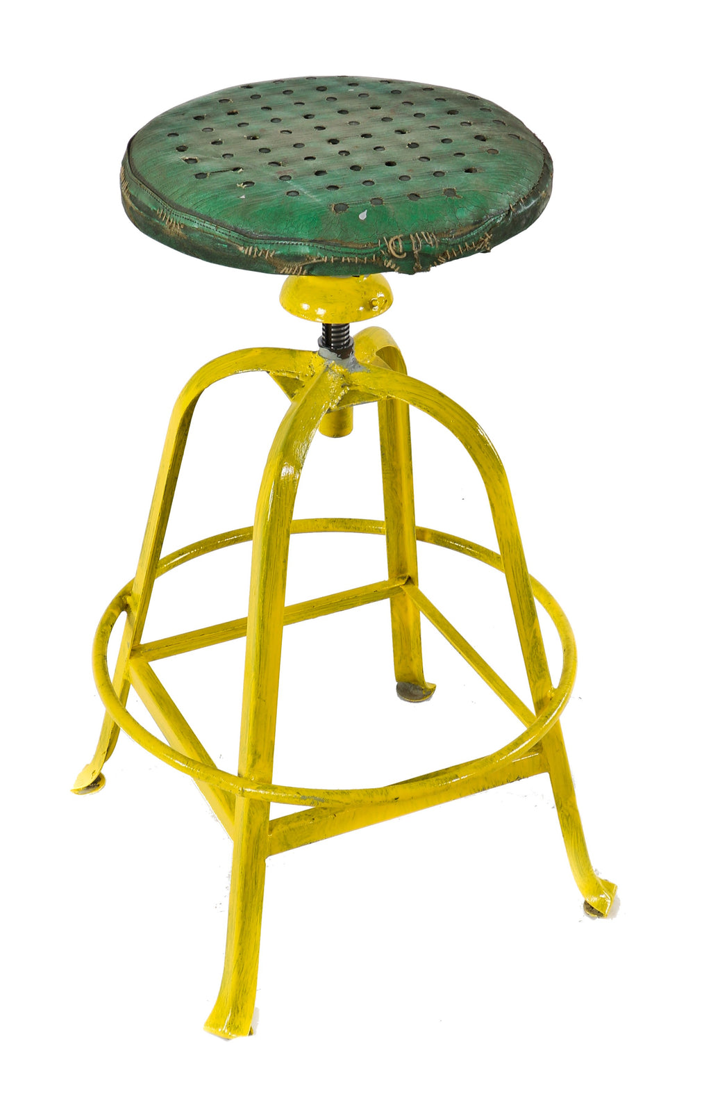 original c. 1930's antique american industrial four-legged yellow painted riveted joint adjustable height factory stool with intact highly desirable footrest and green cushioned seat