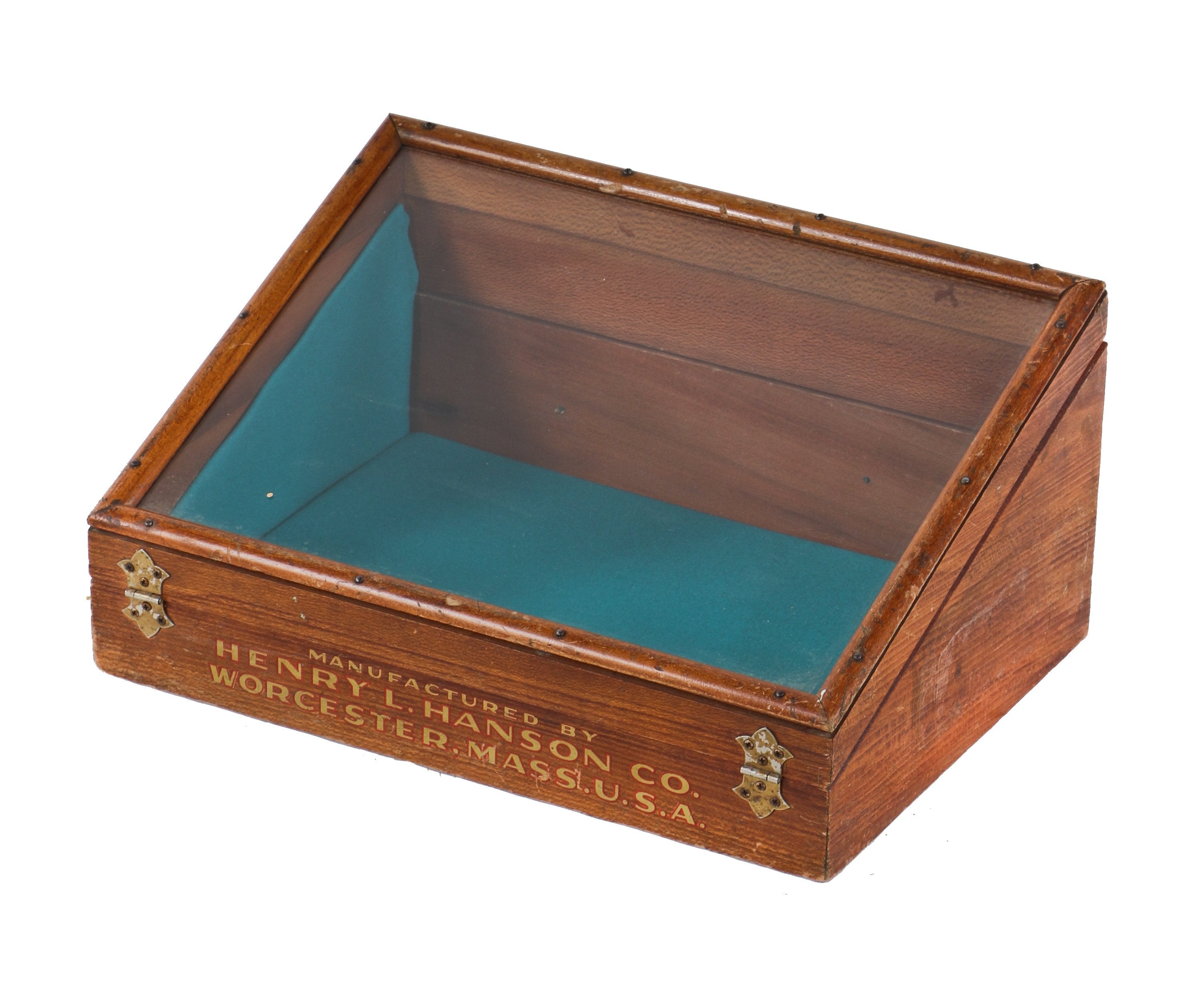 original antique functional circa late 19th century countertop oak wood slanted tool display case manufactured for the henry l. hanson company of worcester, ma.