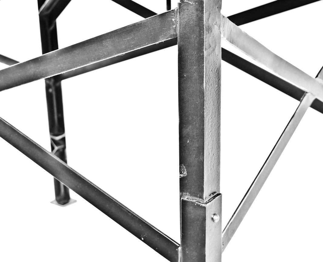 refinished heavily reinforced early 1930's antique american industrial factory machine shop riveted and welded joint workbench with hammered galvanized steel top