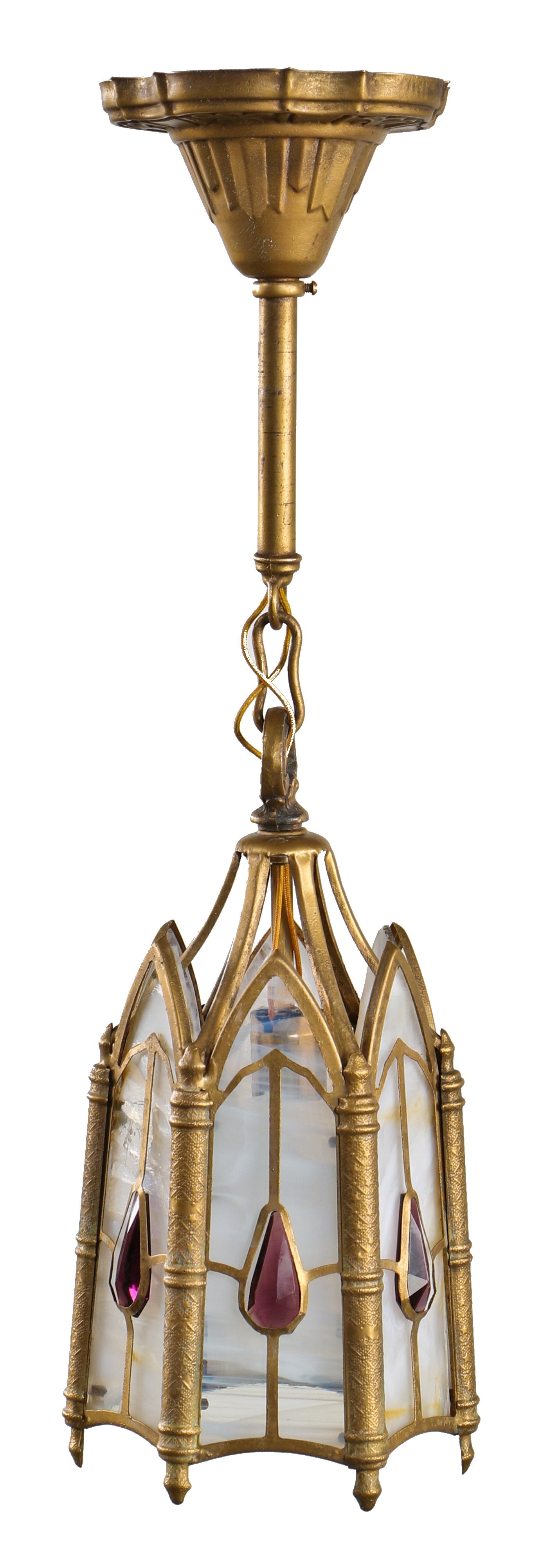 original and intact late 1920's or early 1930's american interior residential gothic style hallway electric pendant fixture salvaged from a chicago tudor revival home