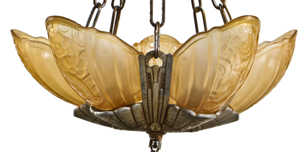 all original and completely intact c. 1930's american depression era art deco style five light nauticalesque slip or "slipper" shade interior ceiling fixture with pressed ornamented shades