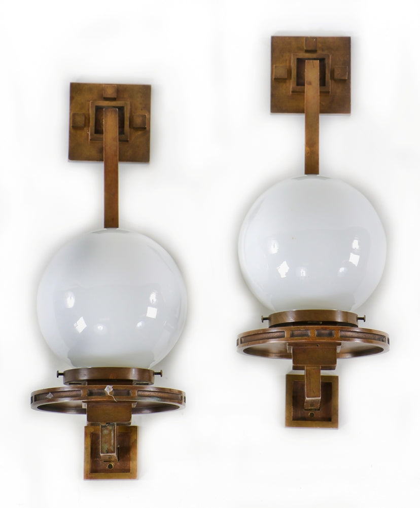 two matching historically important early 20th century interior darwin d. martin house single electric light cast bronze museum quality wall sconces with white opalescent globes