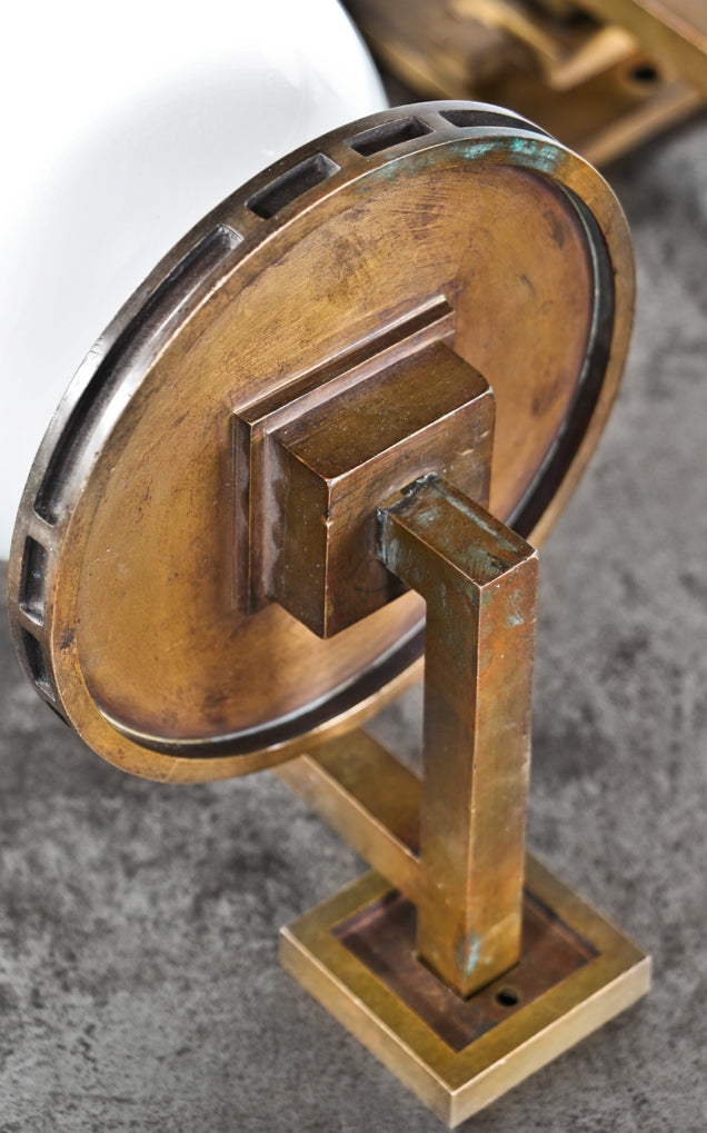 two matching historically important early 20th century interior darwin d. martin house single electric light cast bronze museum quality wall sconces with white opalescent globes