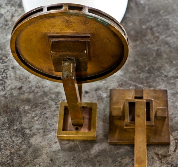 two matching historically important early 20th century interior darwin d. martin house single electric light cast bronze museum quality wall sconces with white opalescent globes