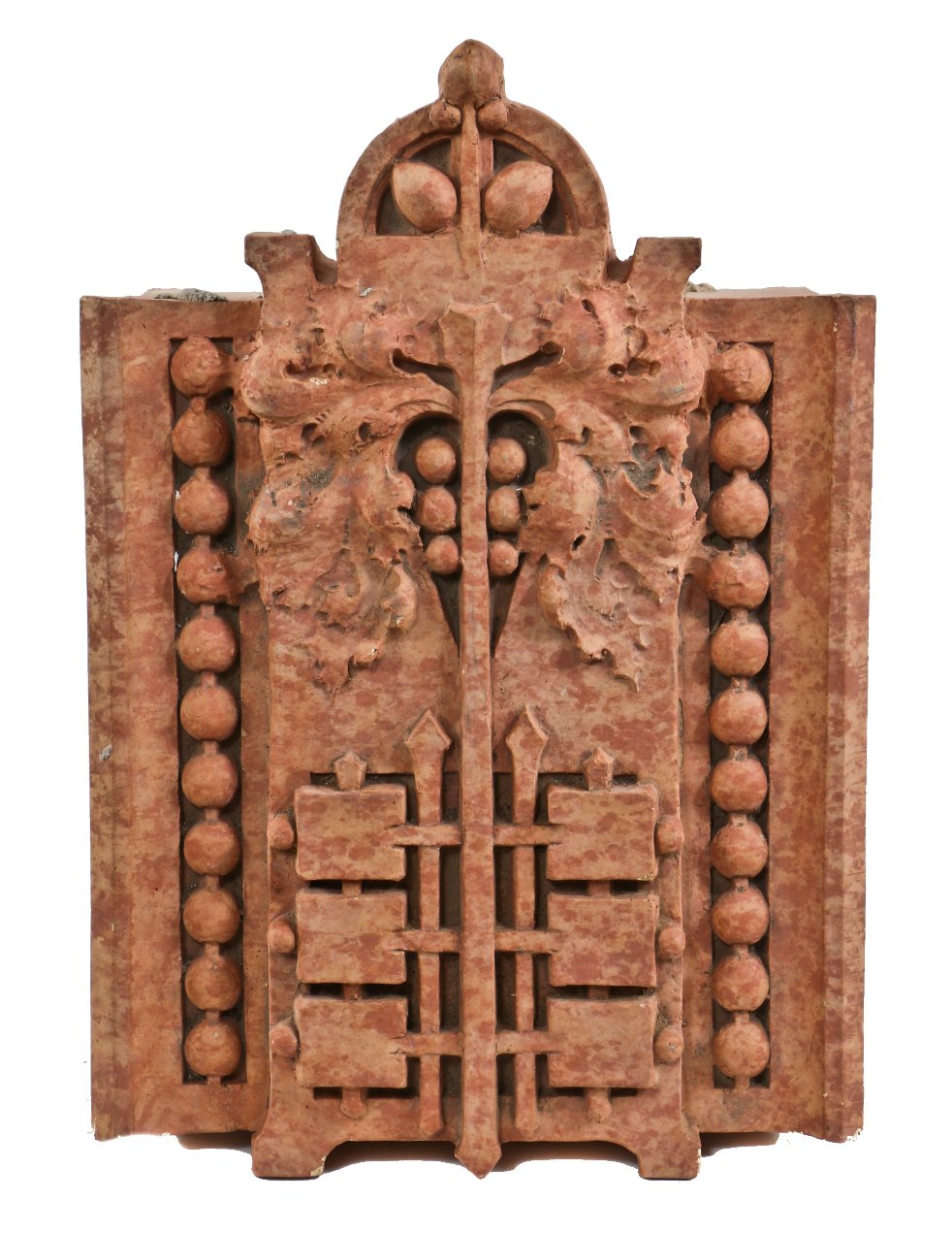 single depression era george grant elmslie-designed exterior red slip glaze "sullivanesque" oliver p. morton "e-4" capital with intricate leafage and beaded borders