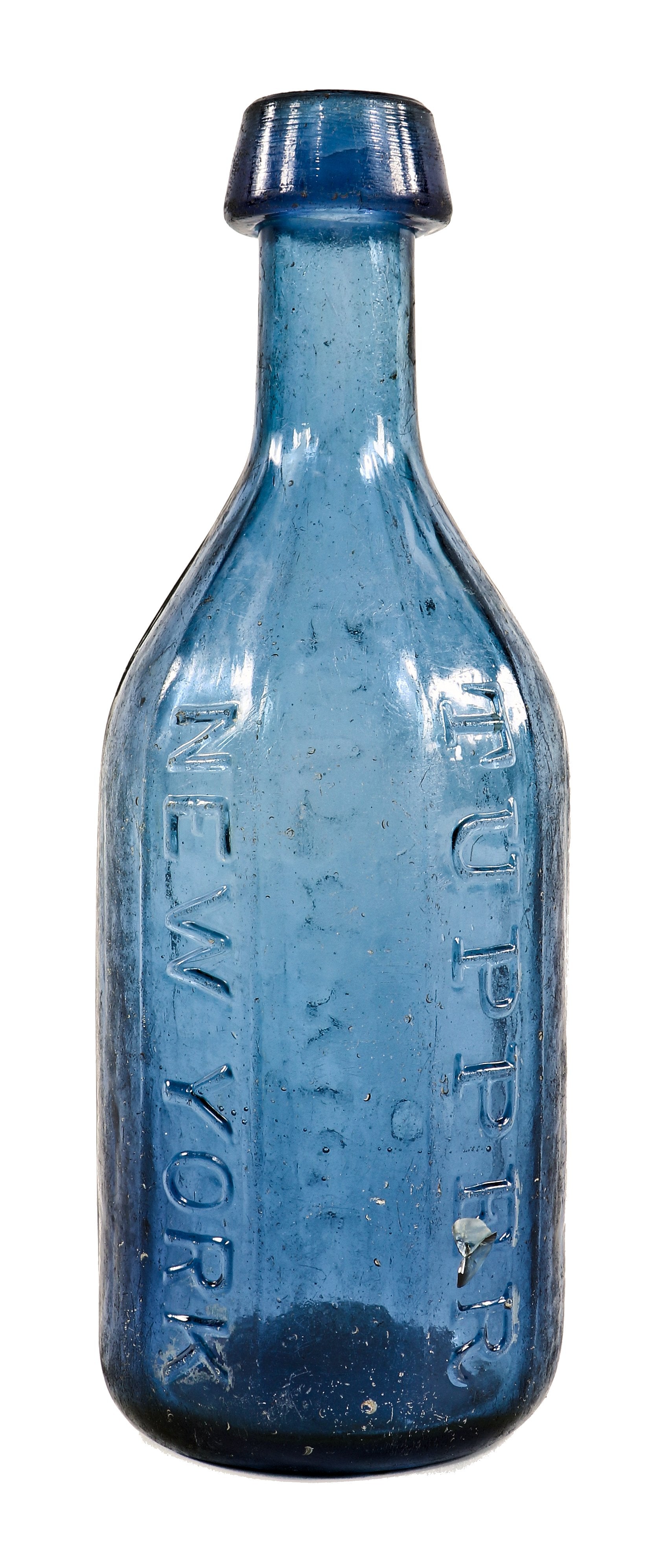hard to find all original manhattan privy dug late 1840's ten-sided light cobalt blue southwick & tupper iron-pontiled soda or mineral water bottle with applied tapered top