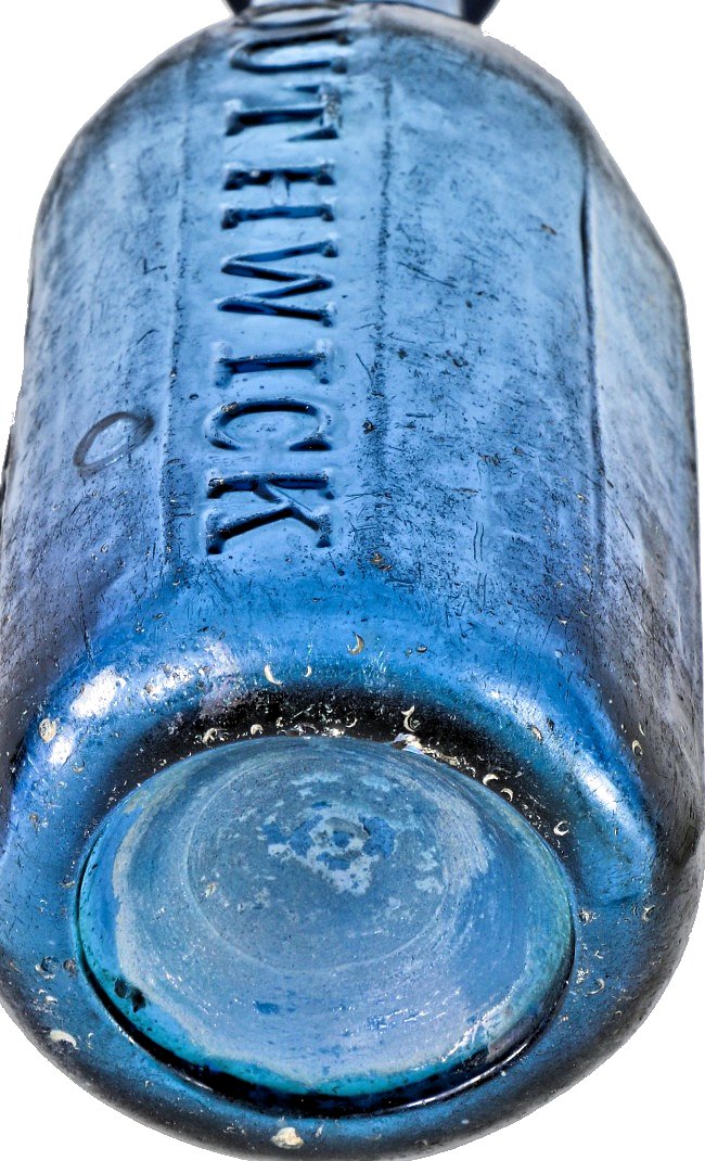 hard to find all original manhattan privy dug late 1840's ten-sided light cobalt blue southwick & tupper iron-pontiled soda or mineral water bottle with applied tapered top