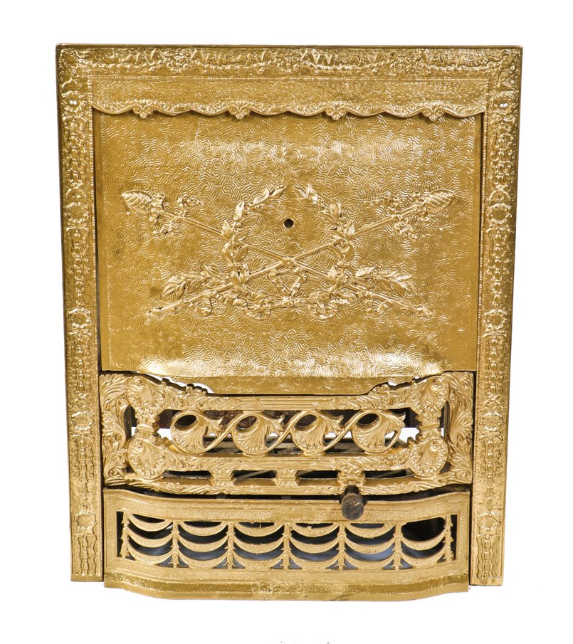 original late 1890's largely intact dawson gold enameled ornamental cast iron interior coal or wood burning fireplace insert with the original detachable summer cover