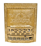 original late 1890's largely intact dawson gold enameled ornamental cast iron interior coal or wood burning fireplace insert with the original detachable summer cover