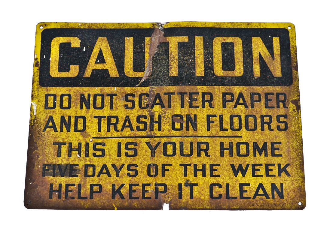 original single-sided c. 1950's american vintage industrial chicago foundry locker room brightly colored "caution" sign with bold lettering