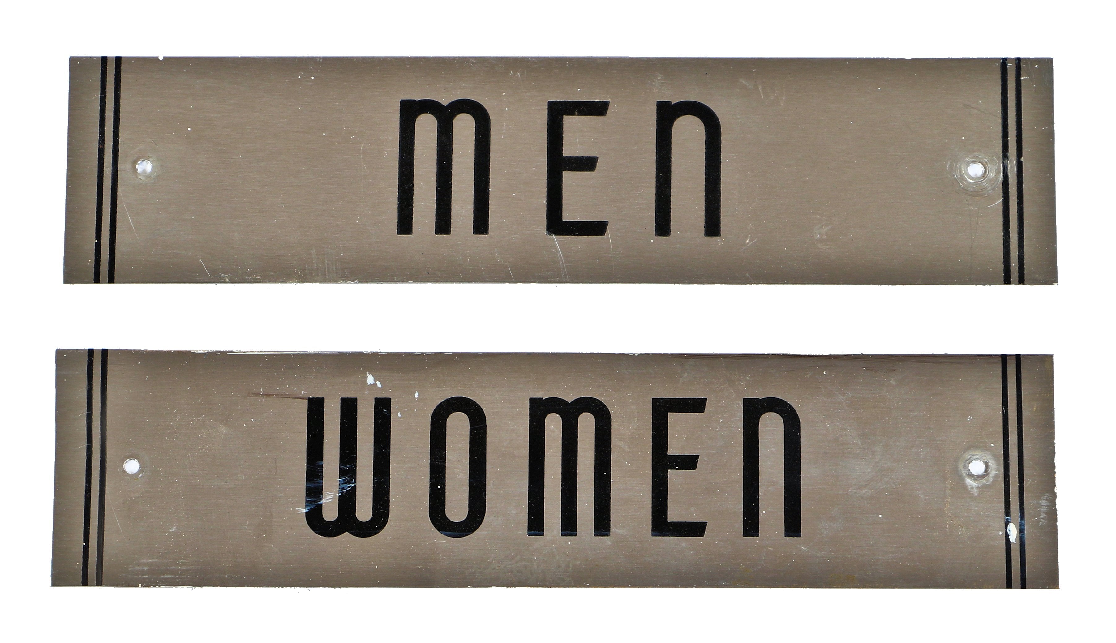 two matching early 1930's original american machine age "men" and "women" administration building lavatory signs with black enameled inlay