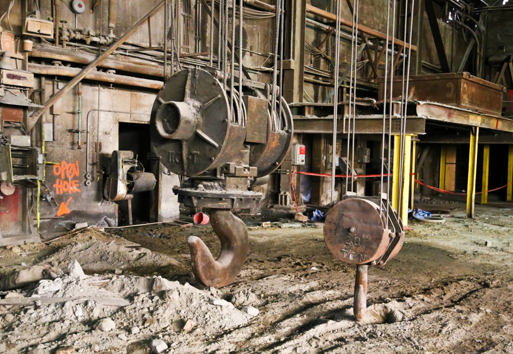 early 1930's antique american industrial 30-ton electric-powered "milwaukee crane" cast iron bridge or gantry crane manufacturer plaques salvaged from a prominent chicago foundry