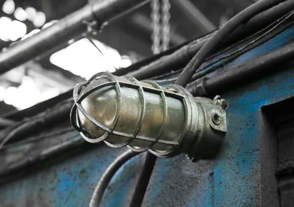 single early 1950's american industrial appleton "unilet" chicago foundry wall-mount vapor-proof wall sconce or pendant light with ruby red glass globe