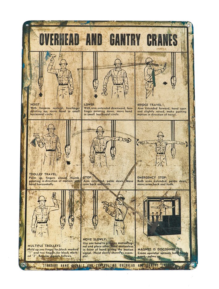 seldom found original late 1940's single-sided american industrial heavy gauge steel "standard hand signals" for overhead and gantry cranes with graphics