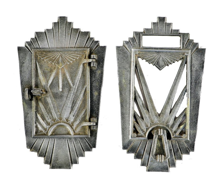 dazzling original early 1930's american art deco jazz age intact perforated cast aluminum double-sided "dorgril" peephole cover door and combination kocker