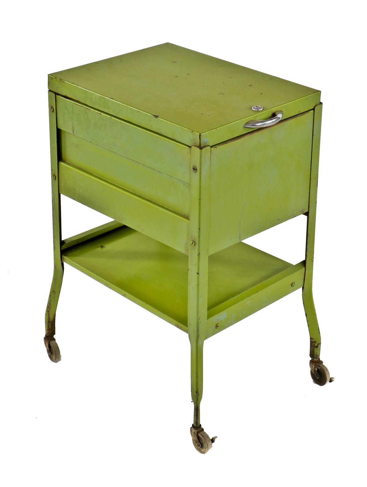 original and intact lightweight pressed and folded steel chicago foundry lockable lab filing cabinet with steel legs and bassick casters