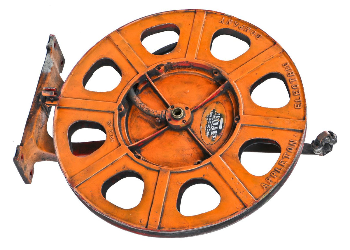 exceptional all original oversized c. 1930's american industrial chicago foundry wall-mount rotating air hose "aireel" with reinforced cast iron extended arm bracket