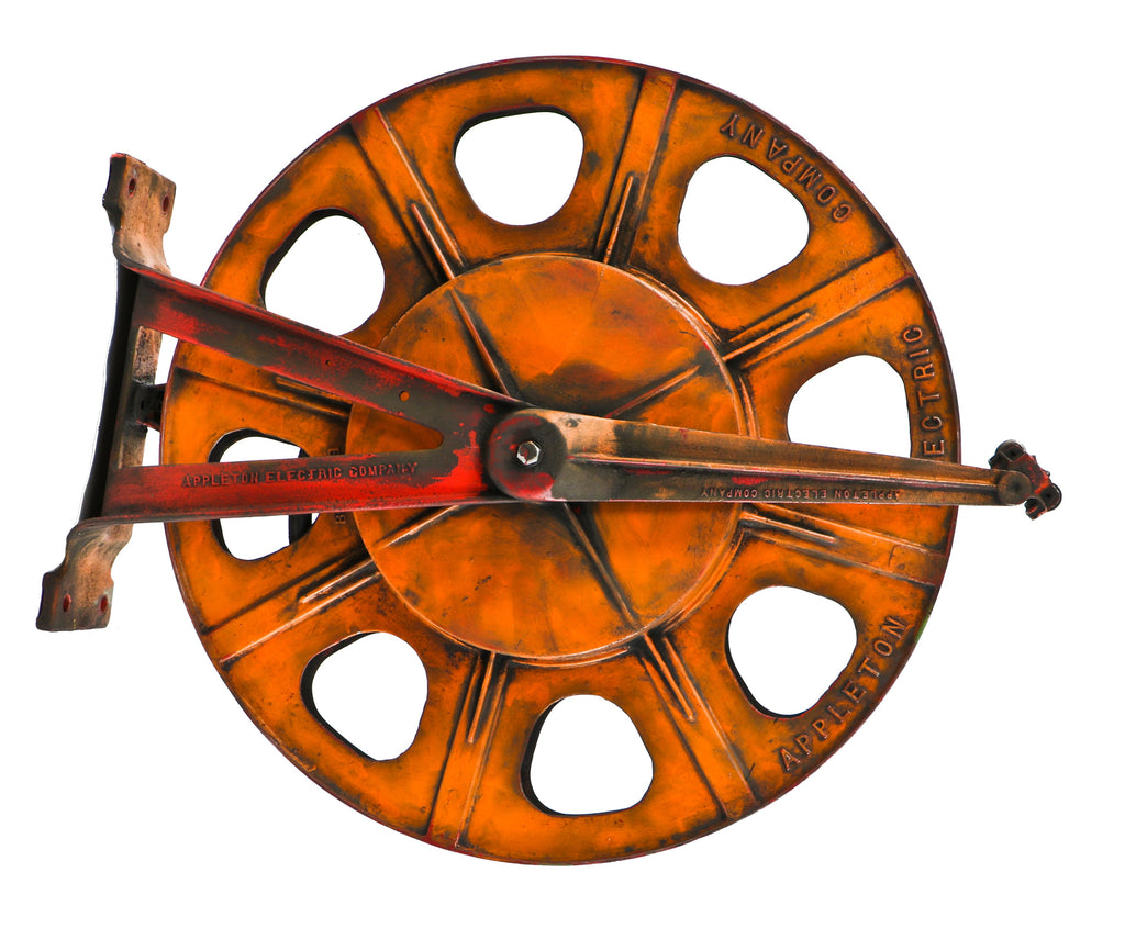 exceptional all original oversized c. 1930's american industrial chicago foundry wall-mount rotating air hose "aireel" with reinforced cast iron extended arm bracket