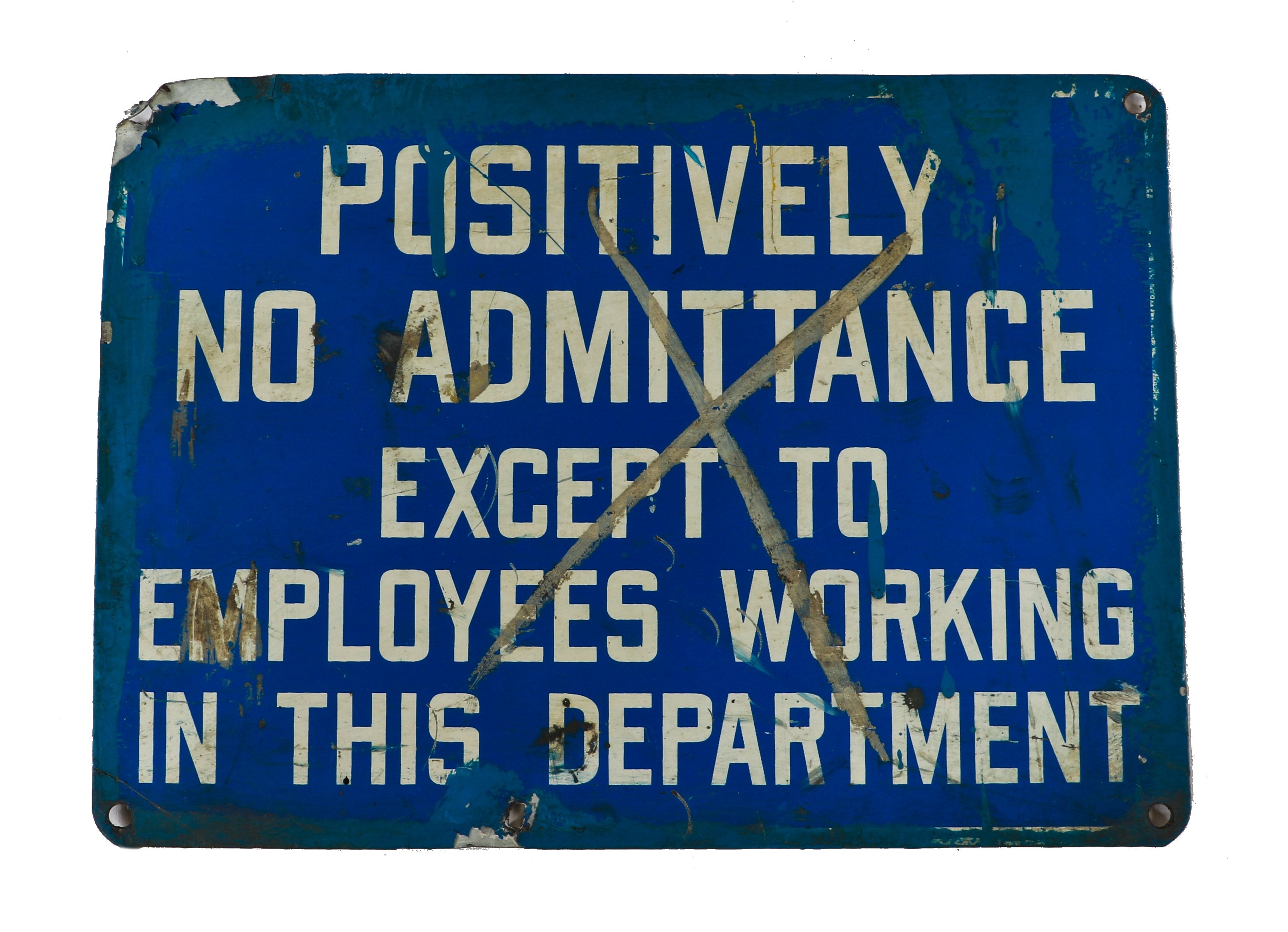 original c. 1940's single-sided flush mount stamped steel stonehouse "no admittance" chicago foundry building informational sign with bold white lettering