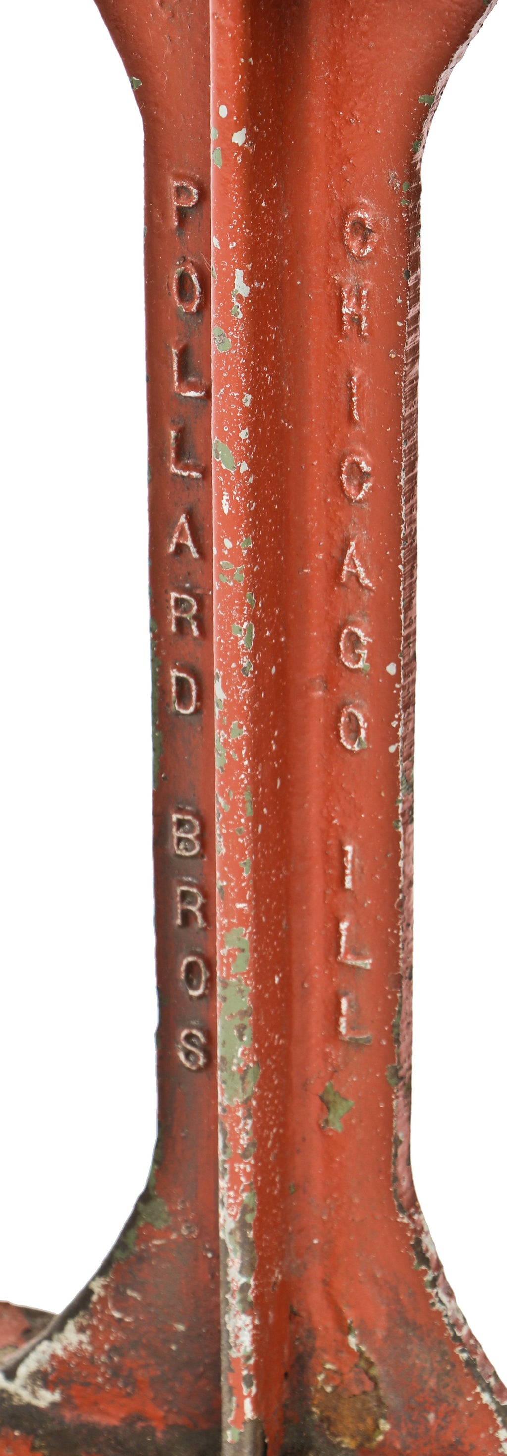 depression era antique american industrial salvaged stationary low-lying chicago foundry building locker room sitting bench with reinforced red painted cast iron legs