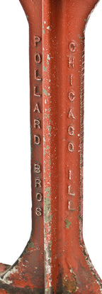 depression era antique american industrial salvaged stationary low-lying chicago foundry building locker room sitting bench with reinforced red painted cast iron legs