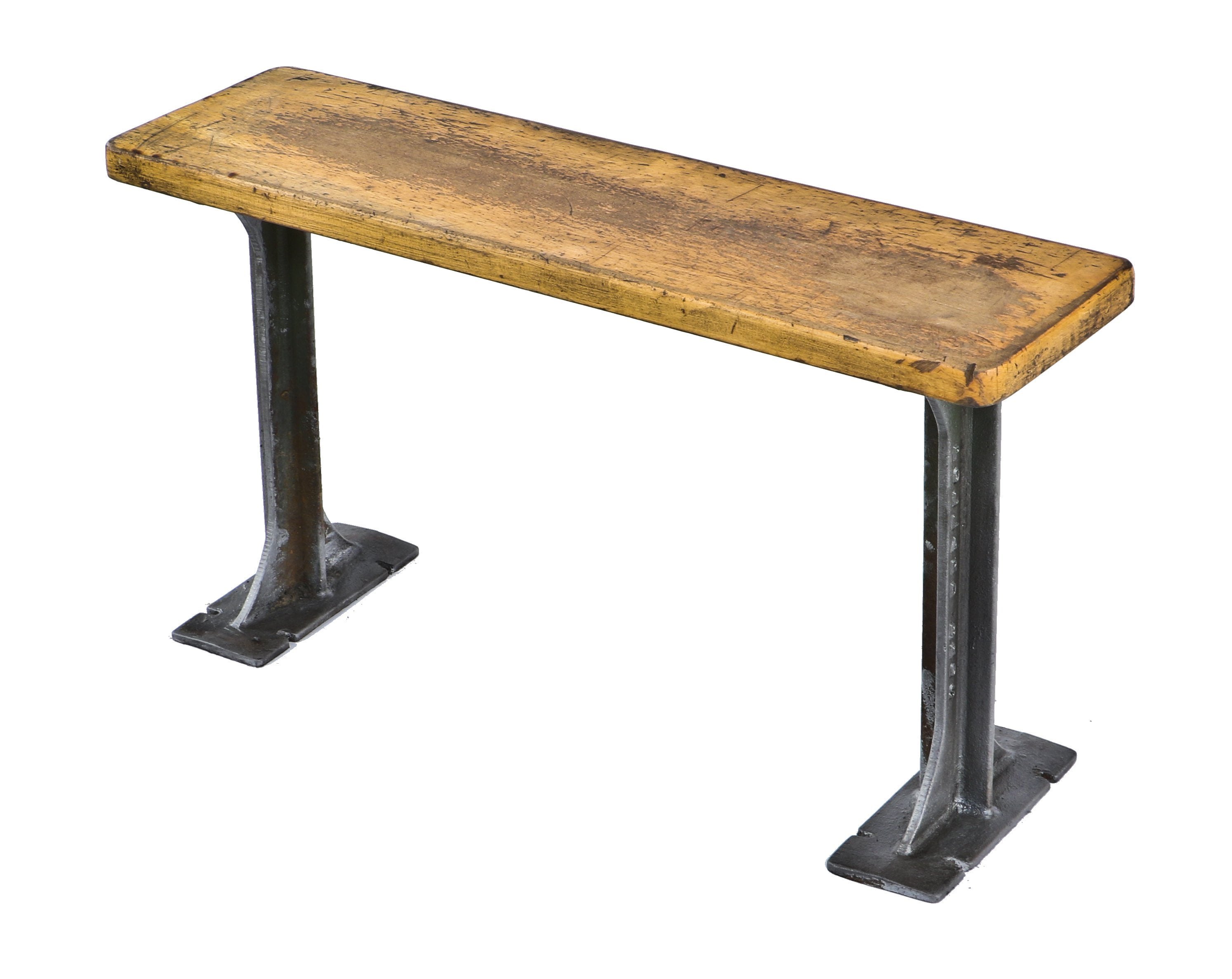 single highly desirable american depression era antique industrial "pollard brothers" brushed metal stationary factory locker room bench with maple wood seat