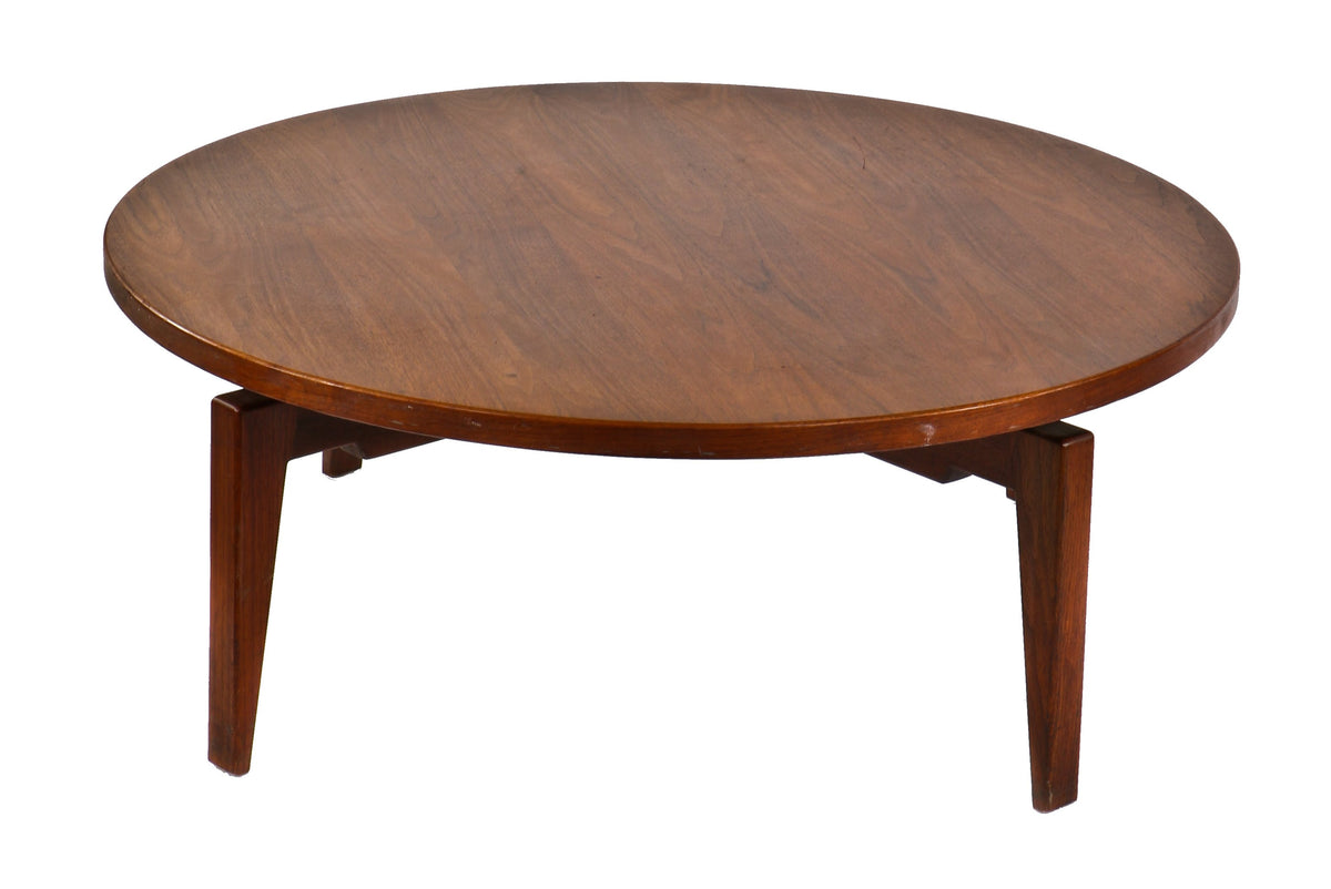 signed c. 1950's sought after american mid-century modern jens risom-designed solid walnut four-legged revolving top coffee table with intact and mostly uniform original finish